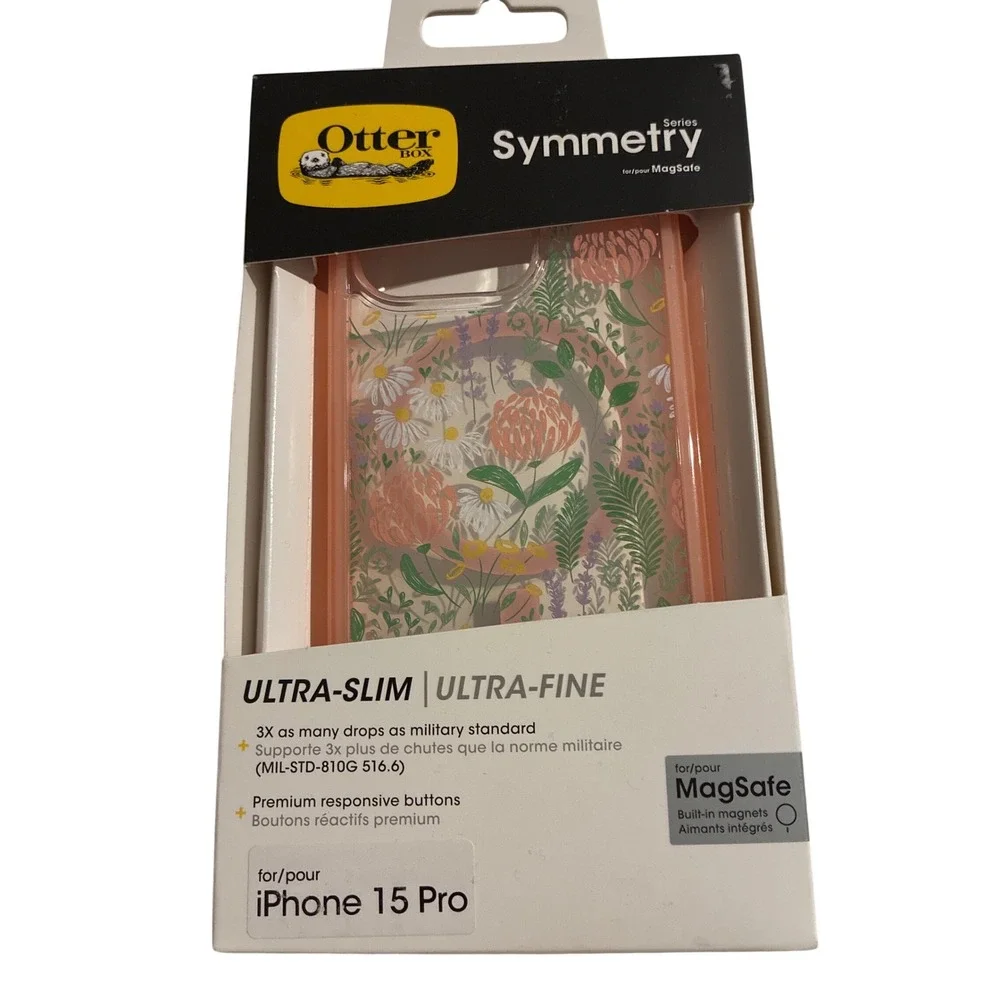 OtterBox Symmetry Series MagSafe Case iPhone 15 Pro Floral Clear Peach Slim NEW